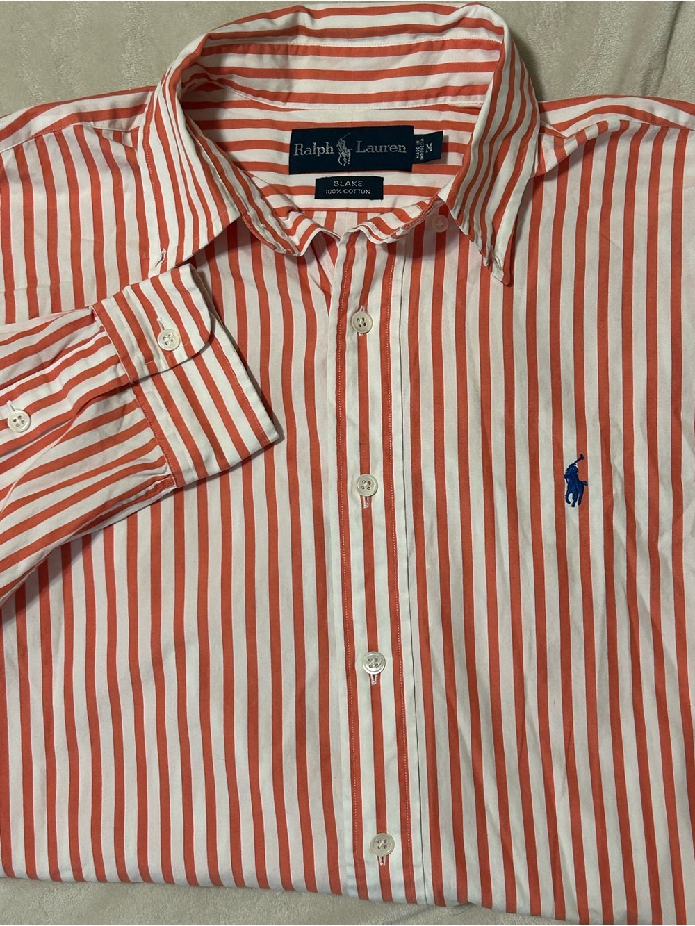 Polo Ralph Lauren Blake Shirt Mens Medium M Orange White Striped Button Down LS